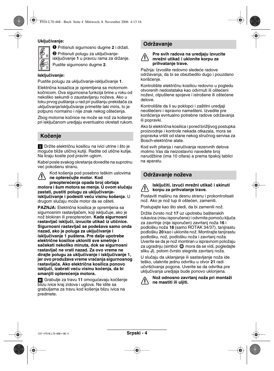 Koãenje, Odrïavanje odrïavanje noïeva | Bosch ROTAK 37 User Manual | Page 137 / 171