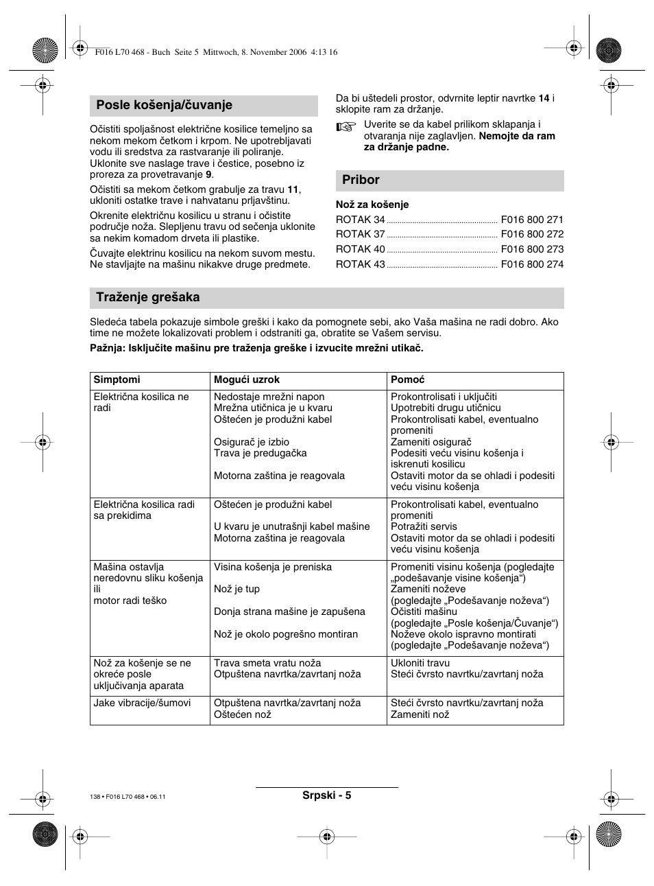 Posle ko‰enja/ãuvanje pribor traïenje gre‰aka | Bosch ROTAK 37 User Manual | Page 138 / 171