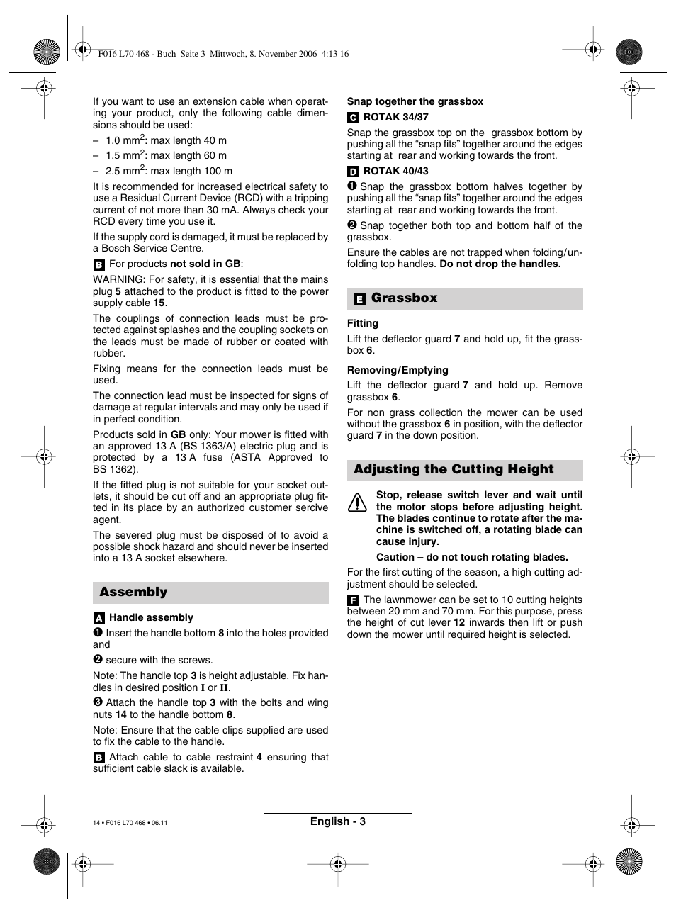 Assembly, Grassbox adjusting the cutting height | Bosch ROTAK 37 User Manual | Page 14 / 171