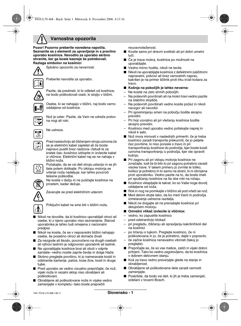 Varnostna opozorila | Bosch ROTAK 37 User Manual | Page 140 / 171