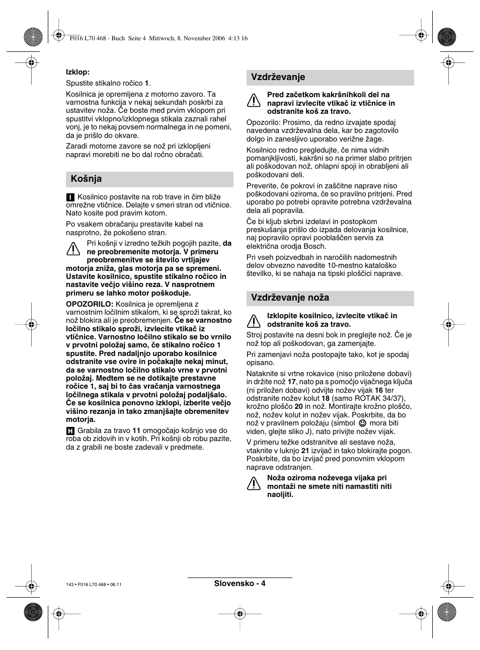 Ko‰nja, Vzdrïevanje vzdrïevanje noïa | Bosch ROTAK 37 User Manual | Page 143 / 171