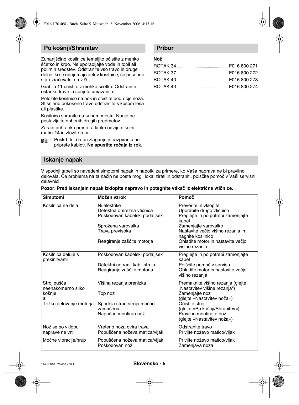 Po ko‰nji/shranitev pribor iskanje napak | Bosch ROTAK 37 User Manual | Page 144 / 171