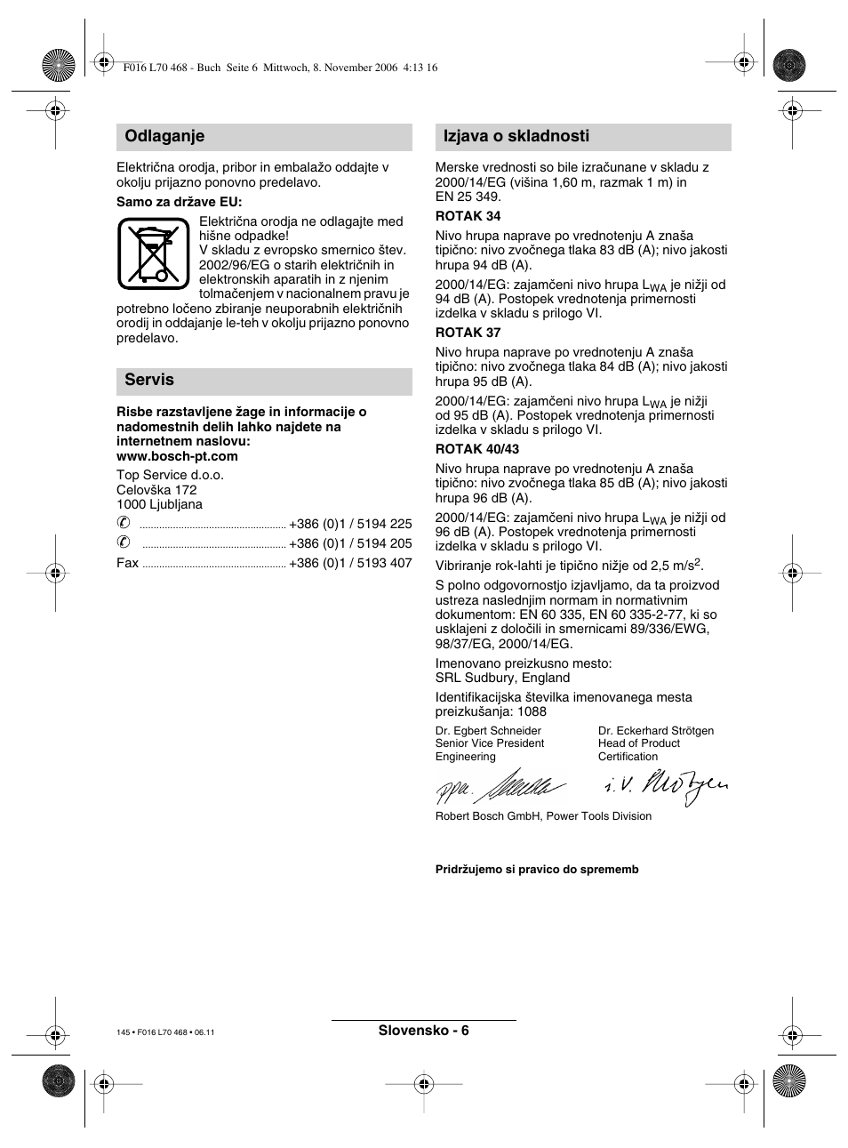 Odlaganje servis izjava o skladnosti | Bosch ROTAK 37 User Manual | Page 145 / 171