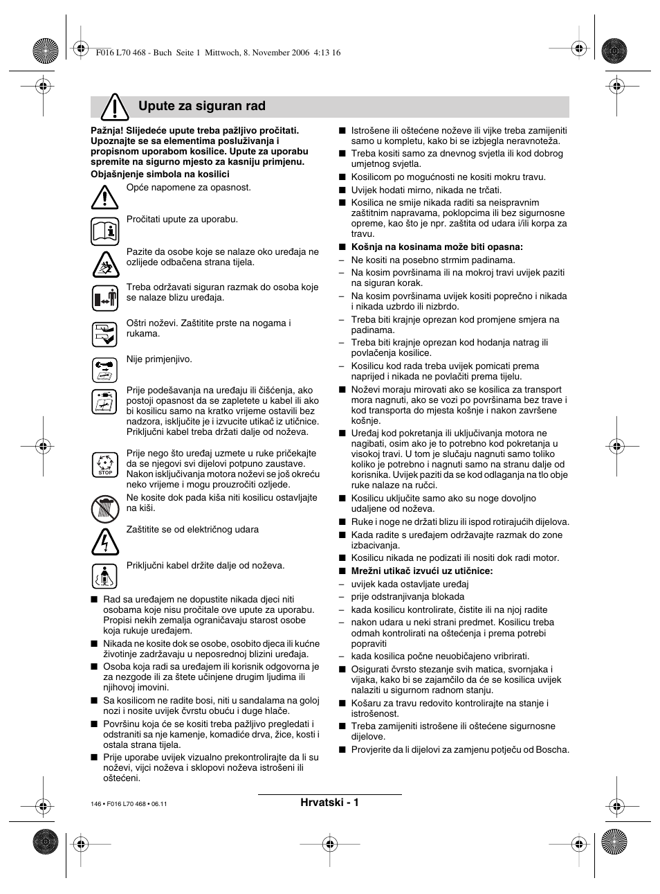 Upute za siguran rad | Bosch ROTAK 37 User Manual | Page 146 / 171