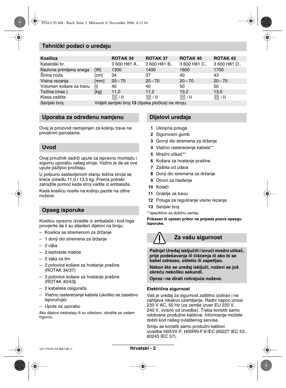 Tehniãki podaci o uredaju | Bosch ROTAK 37 User Manual | Page 147 / 171