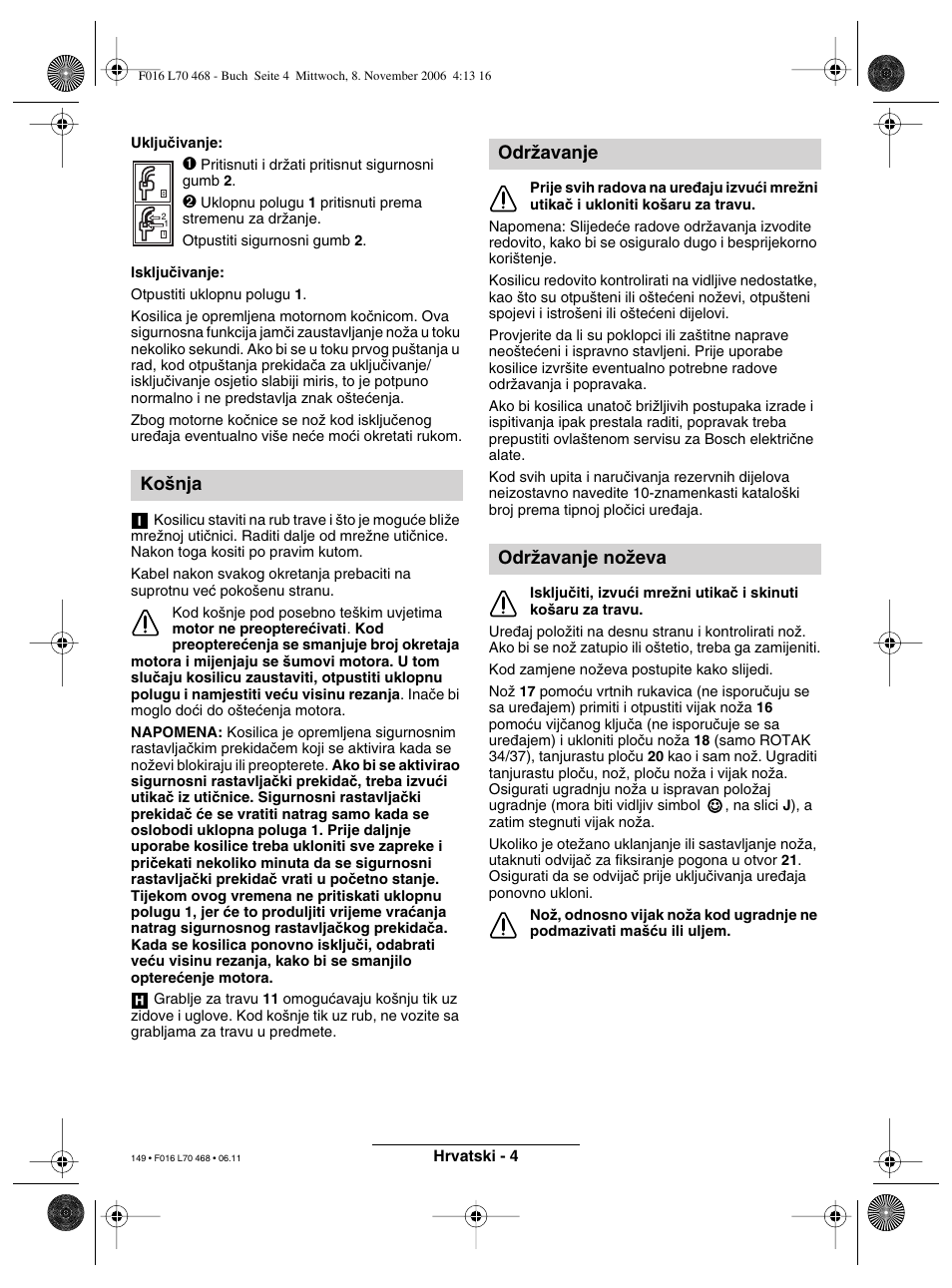 Ko‰nja, Odrïavanje odrïavanje noïeva | Bosch ROTAK 37 User Manual | Page 149 / 171