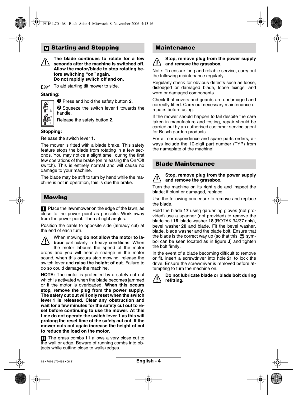 Starting and stopping mowing, Maintenance blade maintenance | Bosch ROTAK 37 User Manual | Page 15 / 171