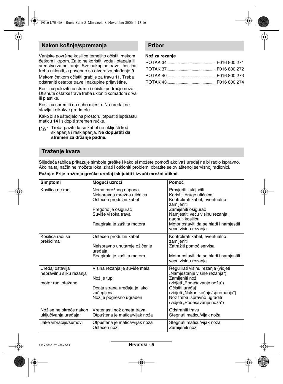 Nakon ko‰nje/spremanja pribor traïenje kvara | Bosch ROTAK 37 User Manual | Page 150 / 171