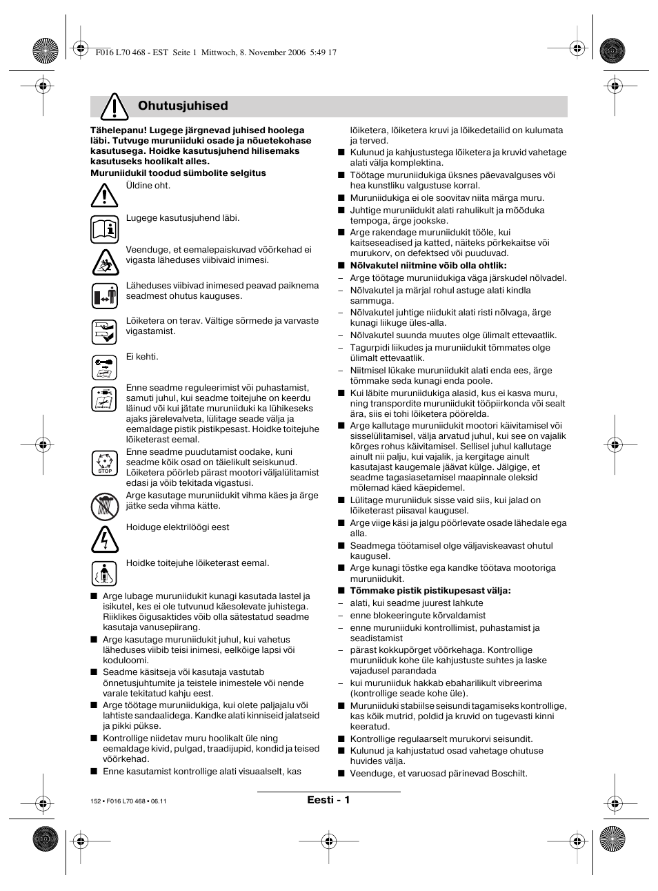 Ohutusjuhised | Bosch ROTAK 37 User Manual | Page 152 / 171