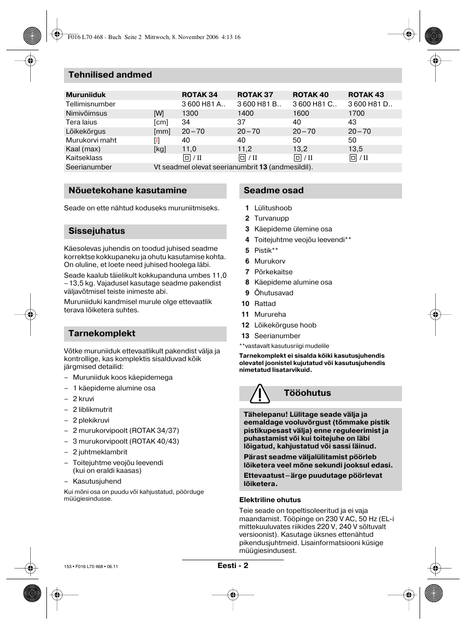 Tehnilised andmed | Bosch ROTAK 37 User Manual | Page 153 / 171