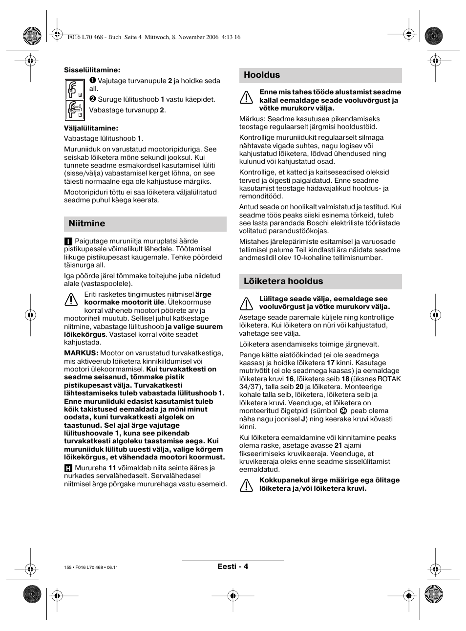 Niitmine, Hooldus lõiketera hooldus | Bosch ROTAK 37 User Manual | Page 155 / 171