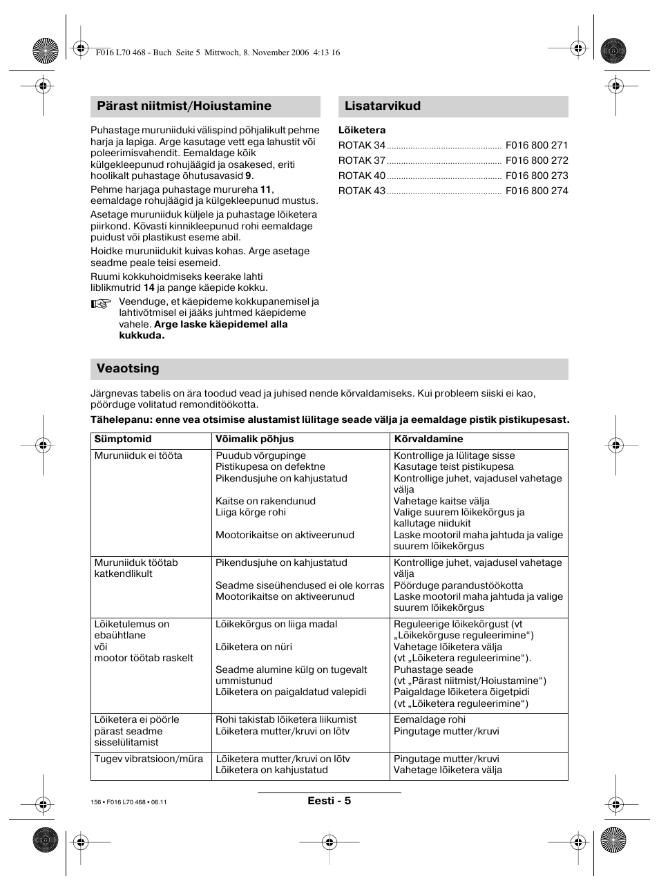 Pärast niitmist/hoiustamine lisatarvikud veaotsing | Bosch ROTAK 37 User Manual | Page 156 / 171