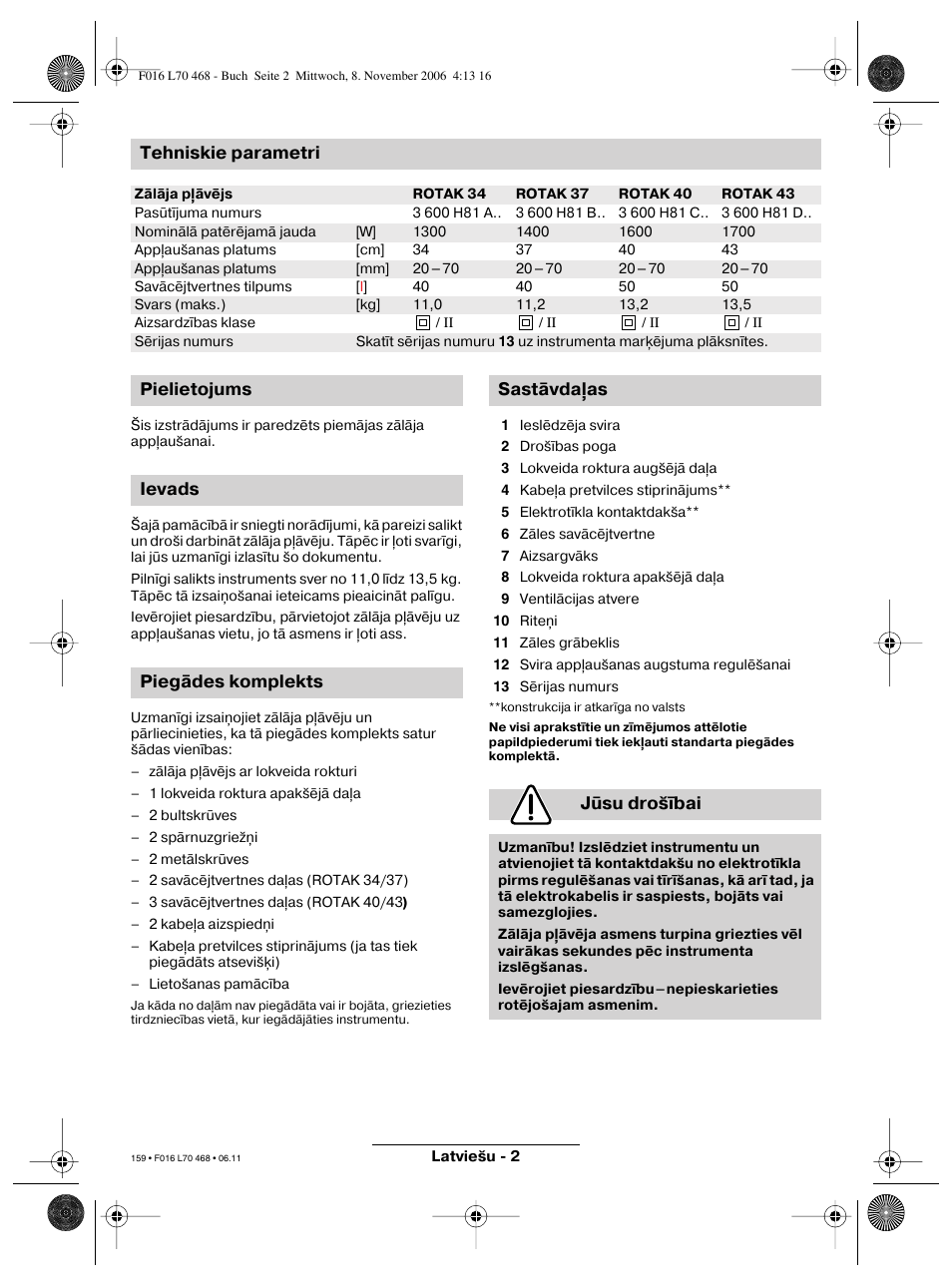 Tehniskie parametri | Bosch ROTAK 37 User Manual | Page 159 / 171