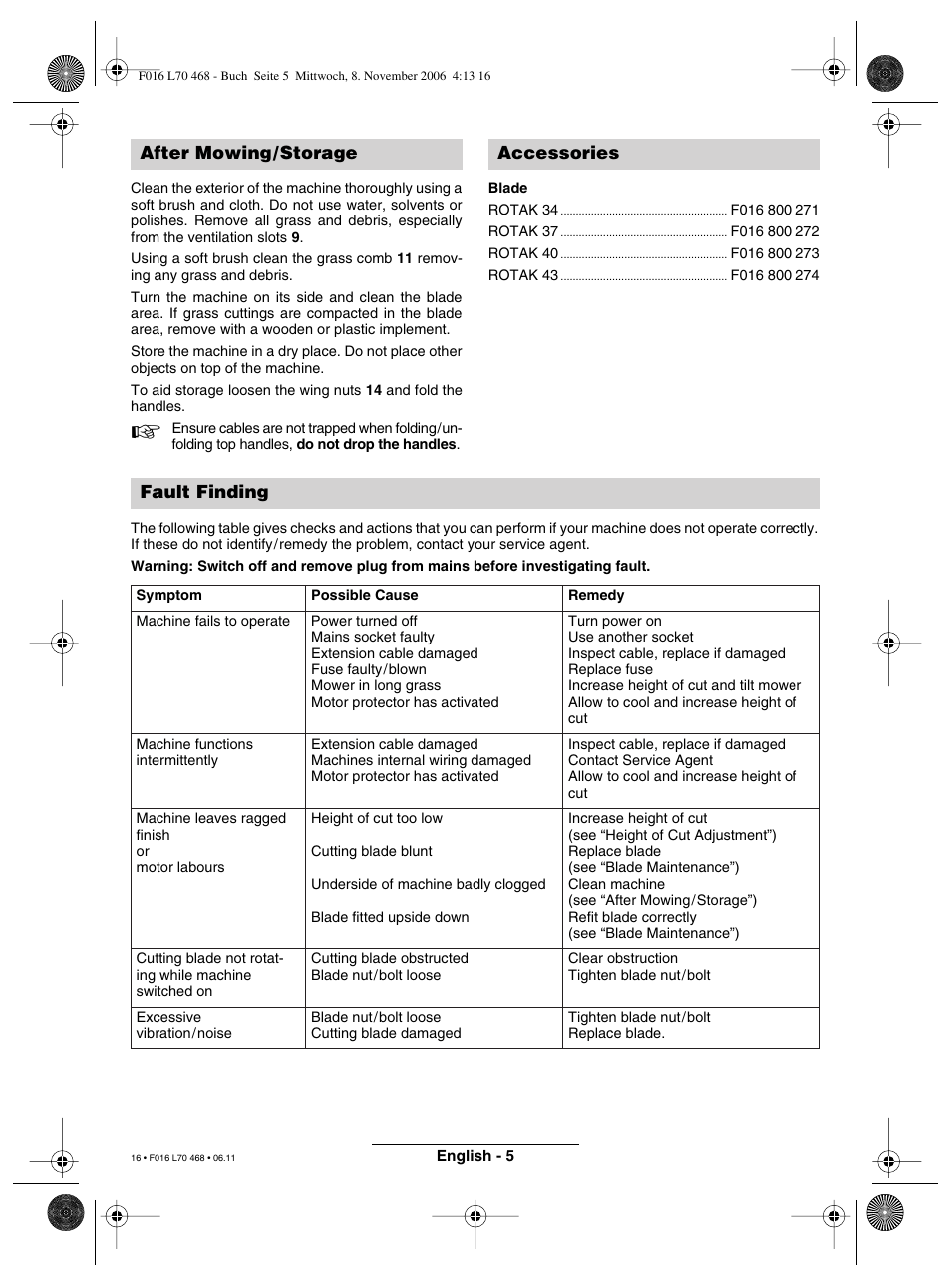 After mowing/storage accessories fault finding | Bosch ROTAK 37 User Manual | Page 16 / 171