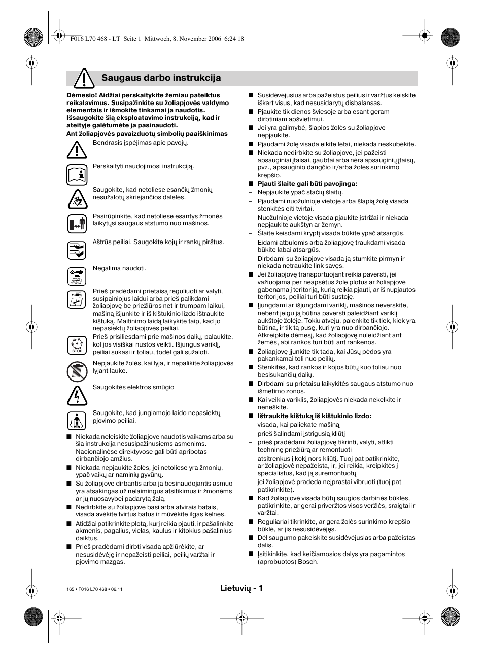 Saugaus darbo instrukcija | Bosch ROTAK 37 User Manual | Page 165 / 171