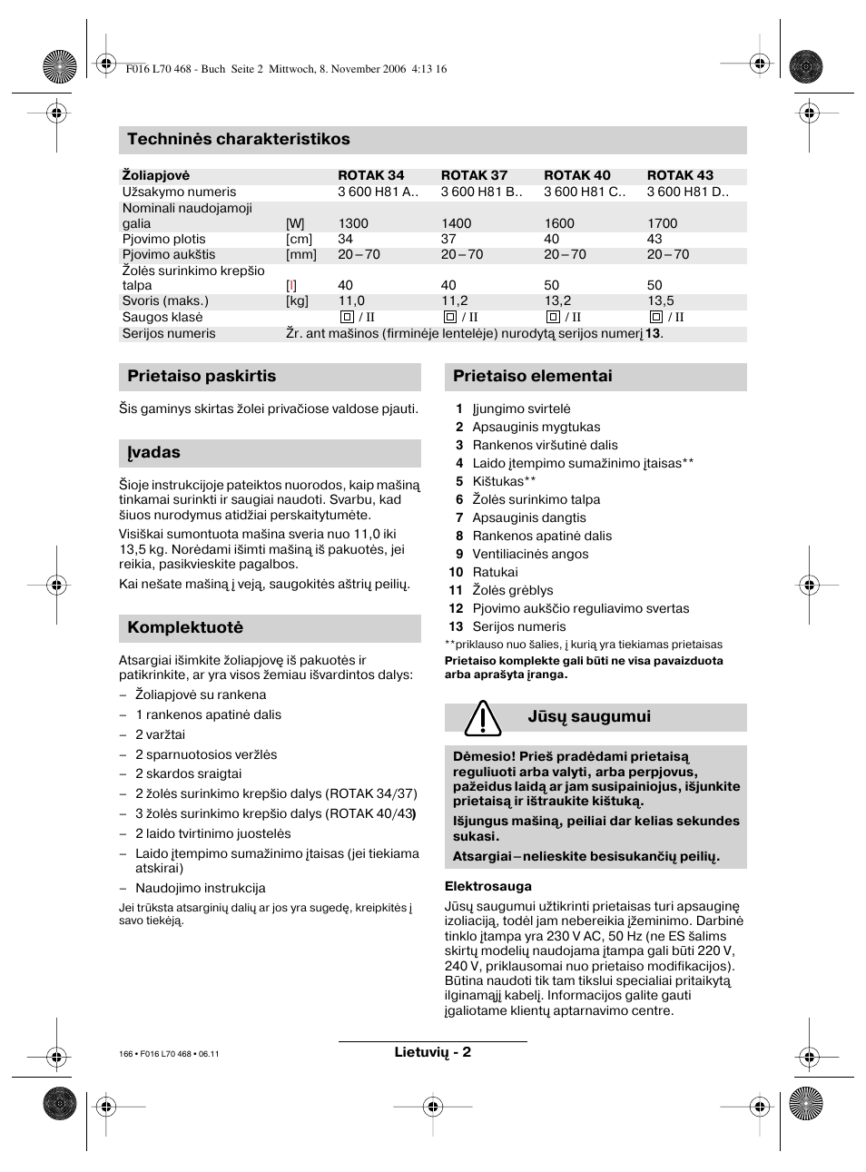 Techninės charakteristikos | Bosch ROTAK 37 User Manual | Page 166 / 171