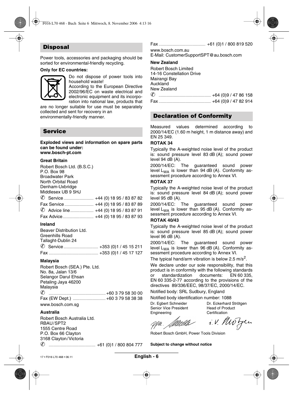 Disposal service declaration of conformity | Bosch ROTAK 37 User Manual | Page 17 / 171