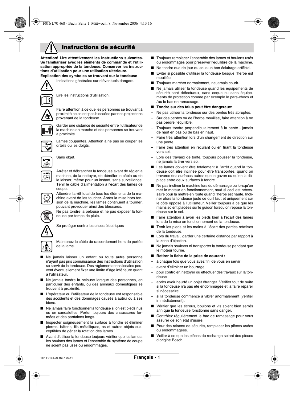 Instructions de sécurité | Bosch ROTAK 37 User Manual | Page 18 / 171