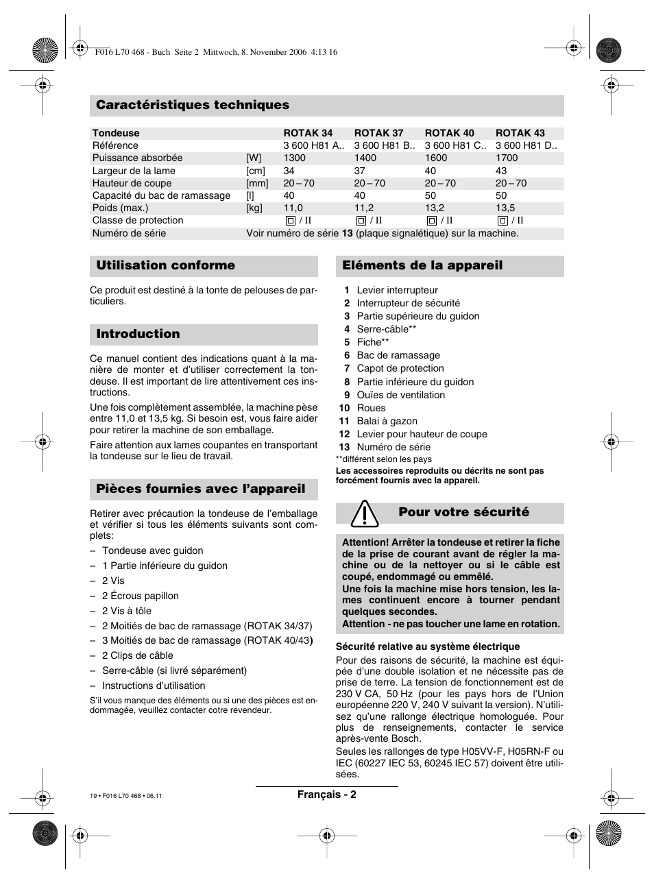 Caractéristiques techniques | Bosch ROTAK 37 User Manual | Page 19 / 171