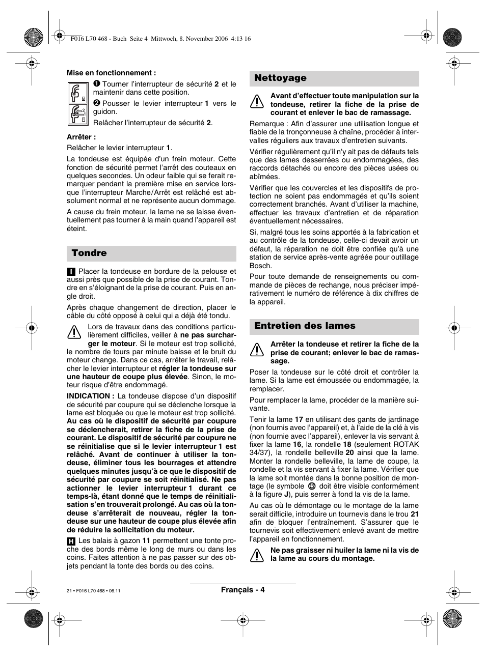 Tondre, Nettoyage entretien des lames | Bosch ROTAK 37 User Manual | Page 21 / 171