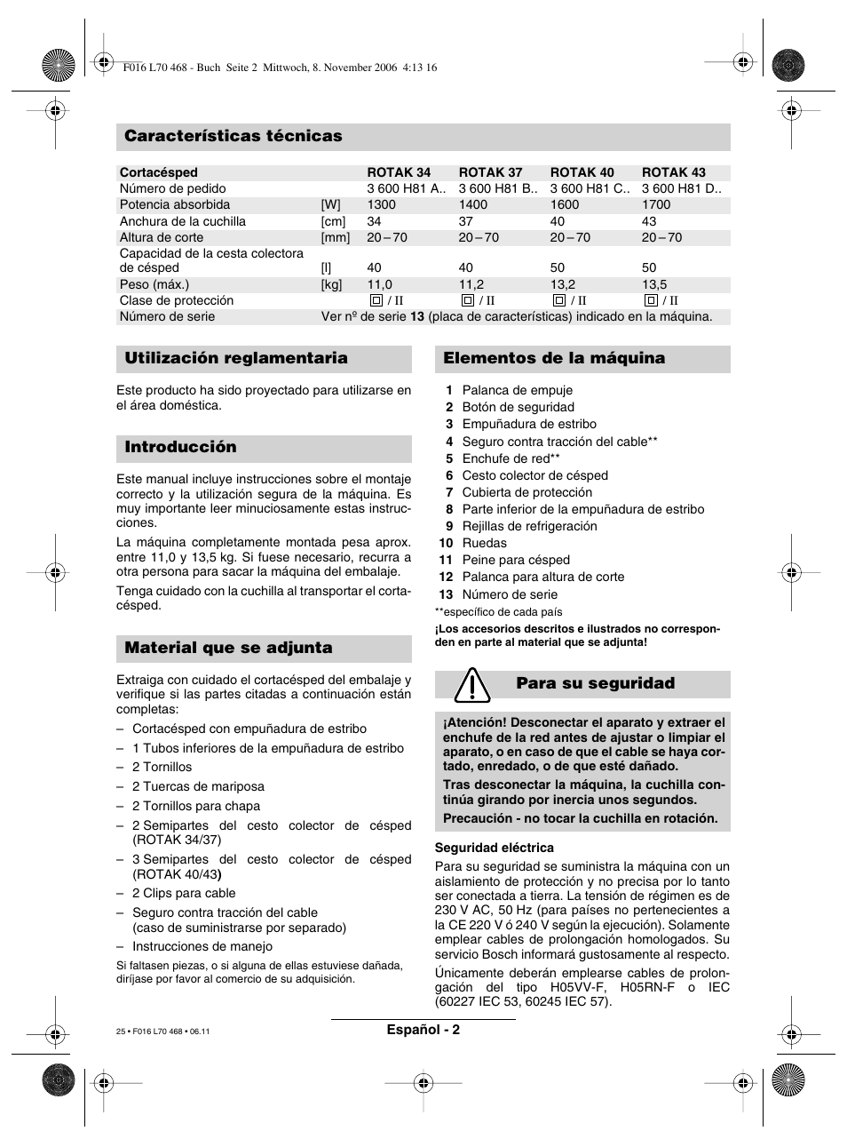 Características técnicas | Bosch ROTAK 37 User Manual | Page 25 / 171