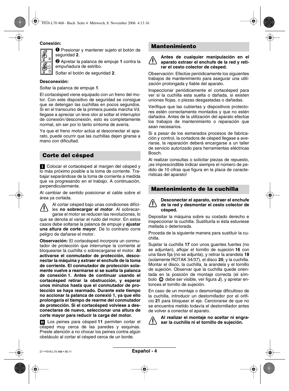 Corte del césped, Mantenimiento mantenimiento de la cuchilla | Bosch ROTAK 37 User Manual | Page 27 / 171