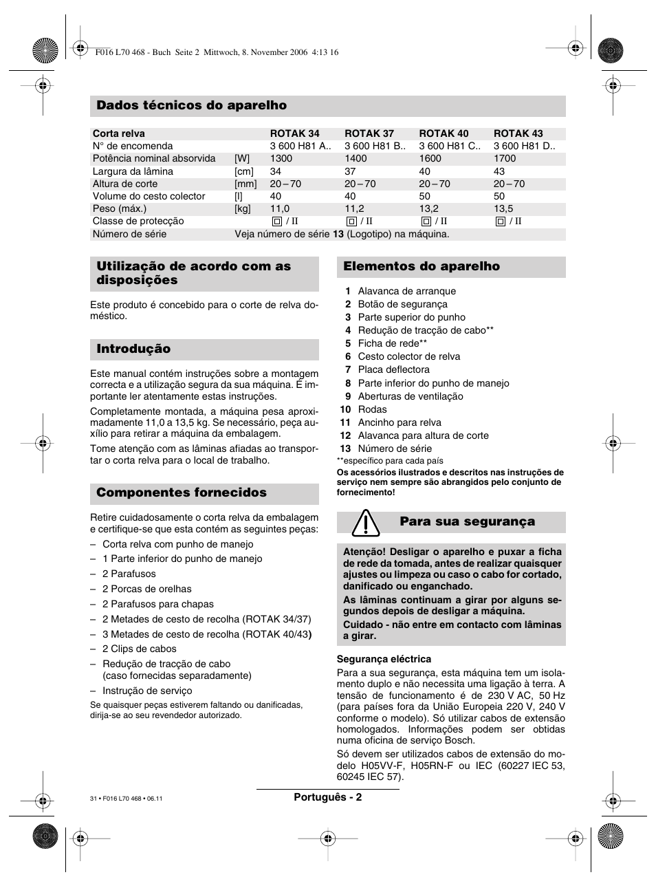 Dados técnicos do aparelho | Bosch ROTAK 37 User Manual | Page 31 / 171