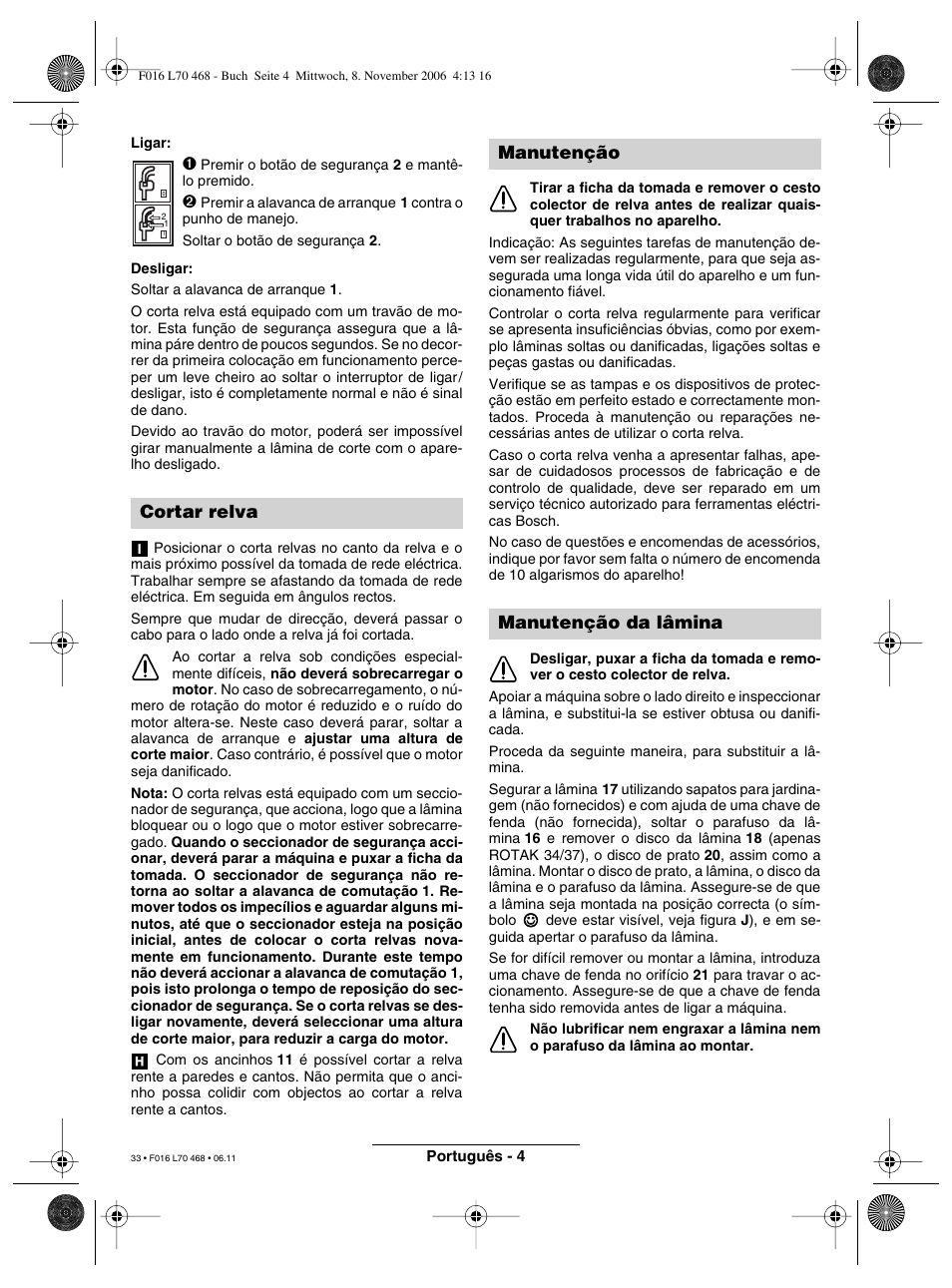 Cortar relva, Manutenção manutenção da lâmina | Bosch ROTAK 37 User Manual | Page 33 / 171