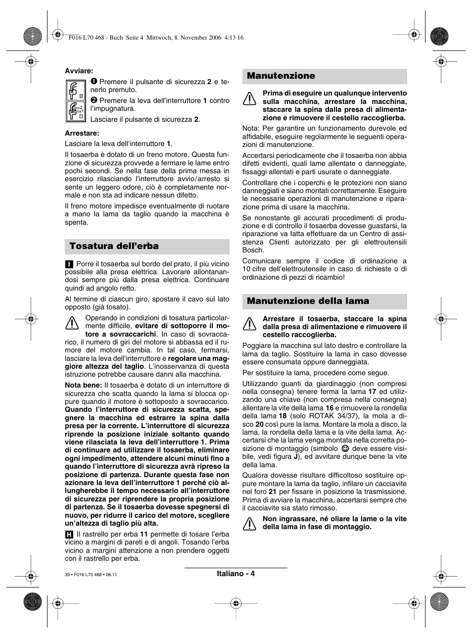 Tosatura dell’erba, Manutenzione manutenzione della lama | Bosch ROTAK 37 User Manual | Page 39 / 171