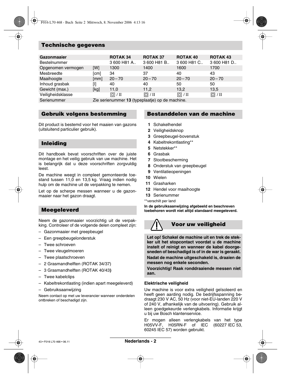 Technische gegevens | Bosch ROTAK 37 User Manual | Page 43 / 171