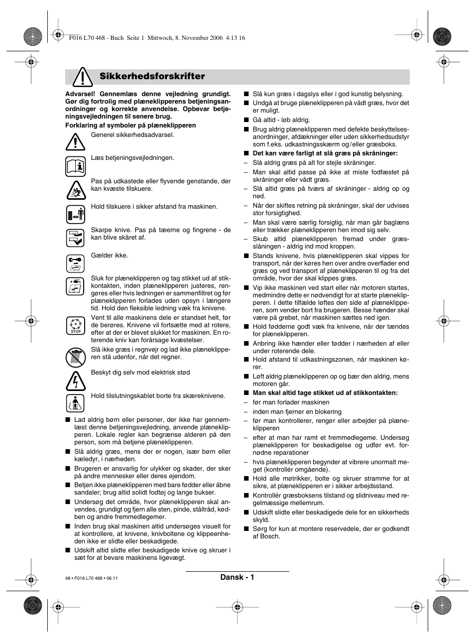 Sikkerhedsforskrifter | Bosch ROTAK 37 User Manual | Page 48 / 171