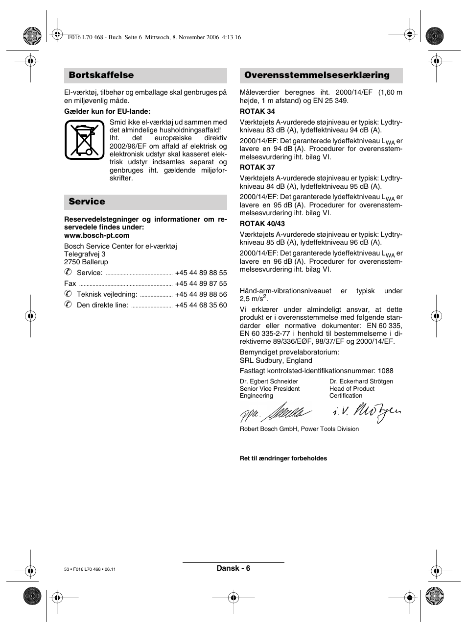 Bortskaffelse service overensstemmelseserklæring | Bosch ROTAK 37 User Manual | Page 53 / 171