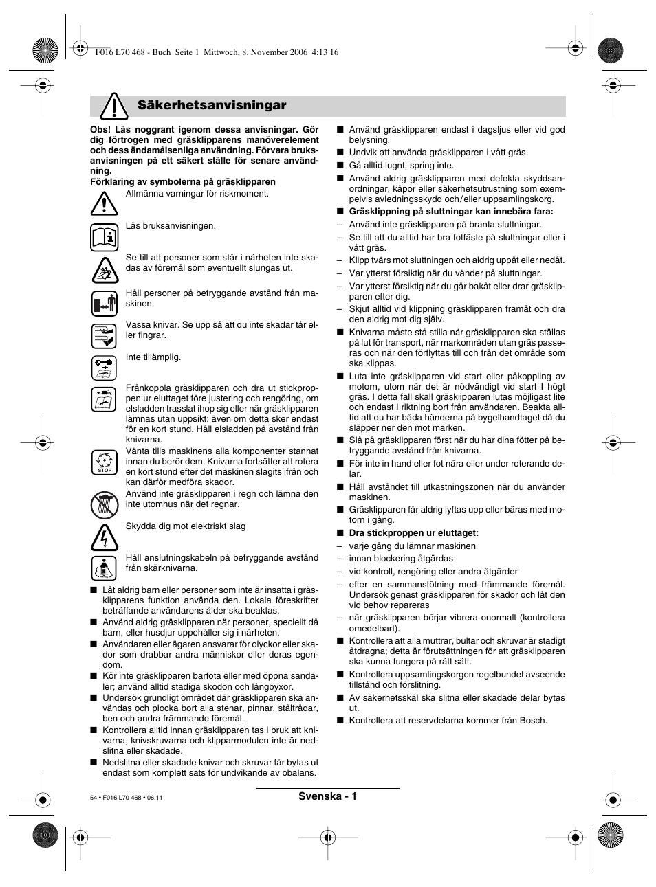 Säkerhetsanvisningar | Bosch ROTAK 37 User Manual | Page 54 / 171