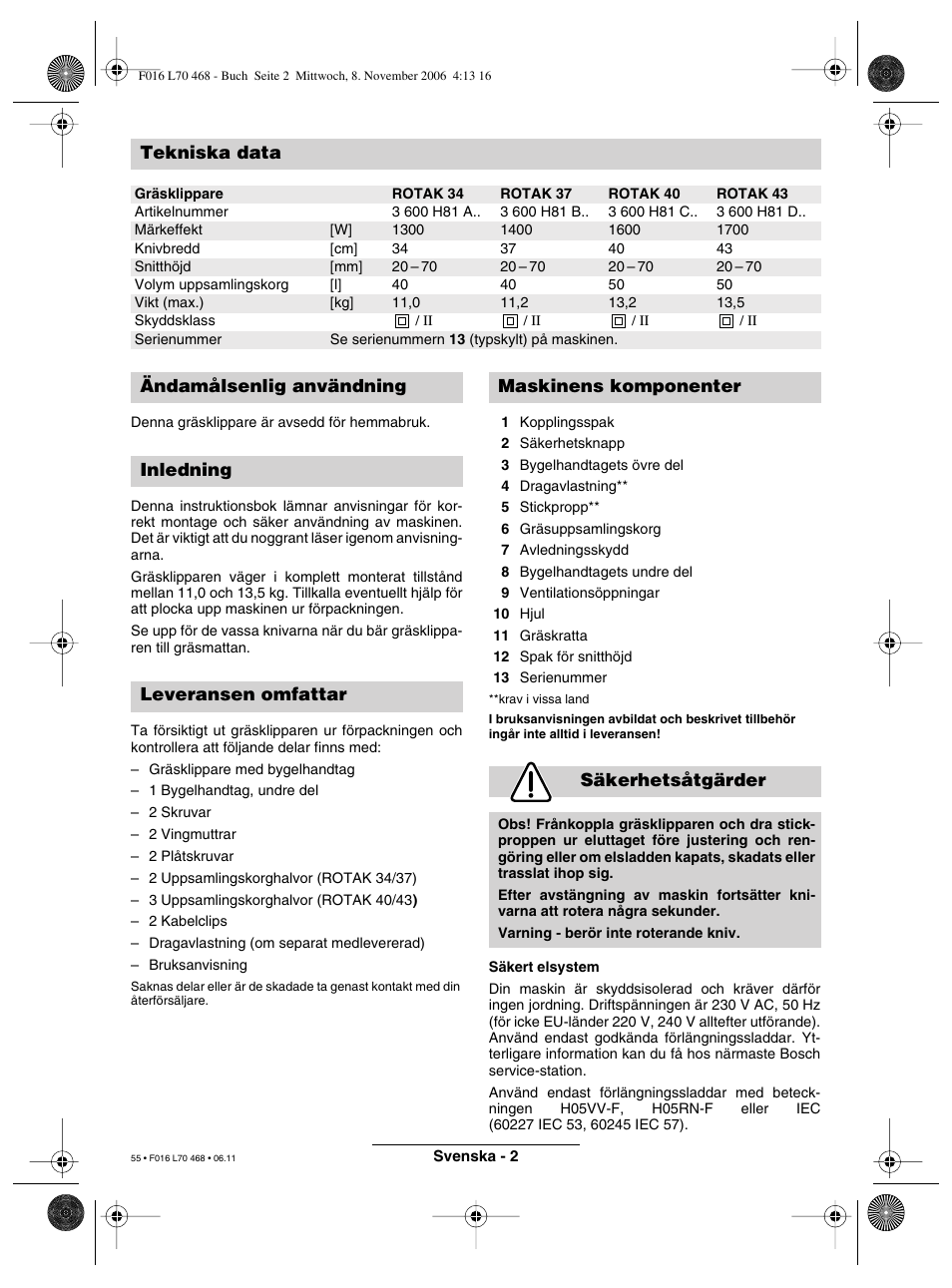 Tekniska data | Bosch ROTAK 37 User Manual | Page 55 / 171