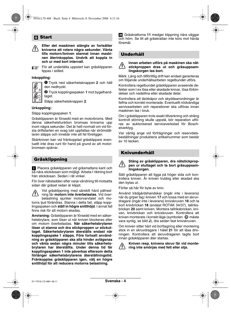 Start gräsklippning, Underhåll knivunderhåll | Bosch ROTAK 37 User Manual | Page 57 / 171