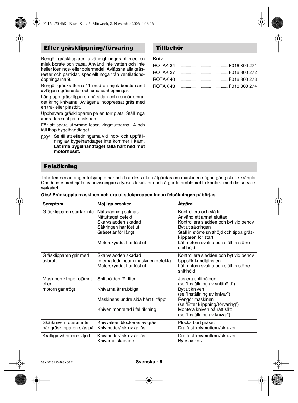 Efter gräsklippning/förvaring tillbehör felsökning | Bosch ROTAK 37 User Manual | Page 58 / 171