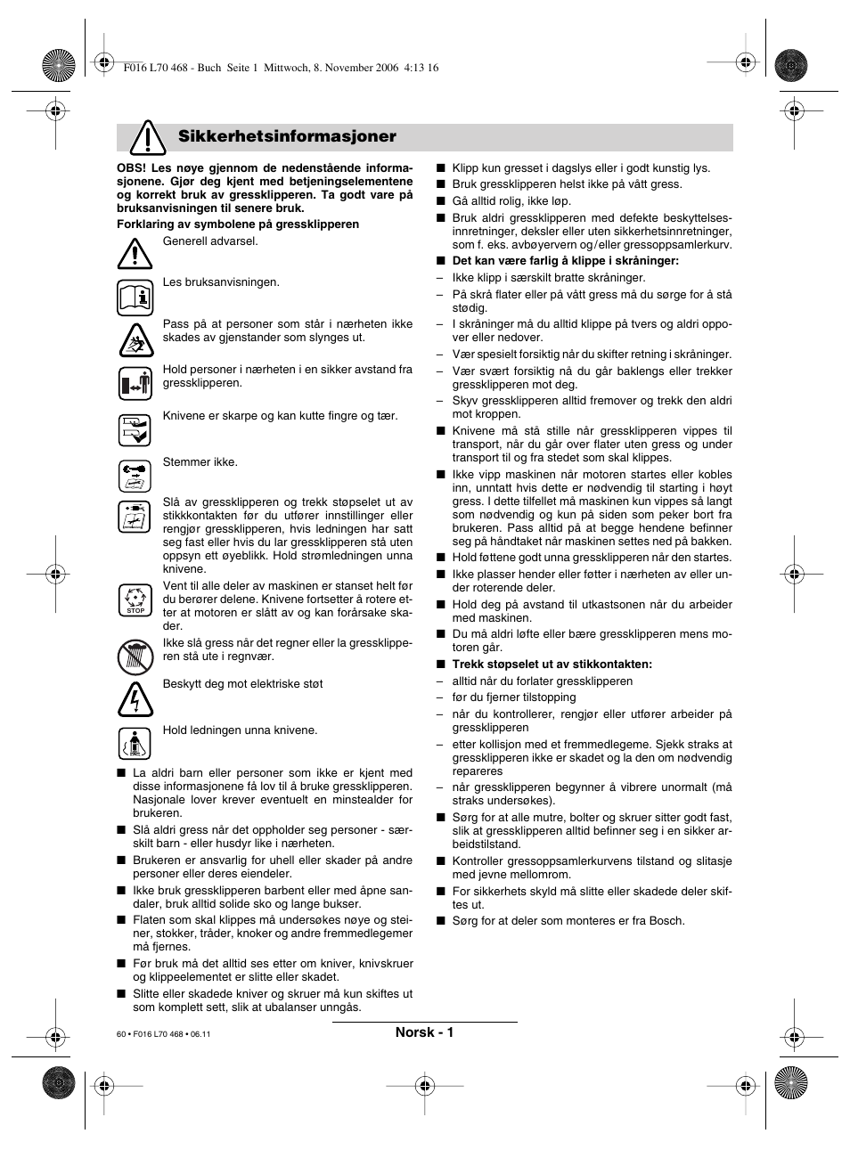 Sikkerhetsinformasjoner | Bosch ROTAK 37 User Manual | Page 60 / 171