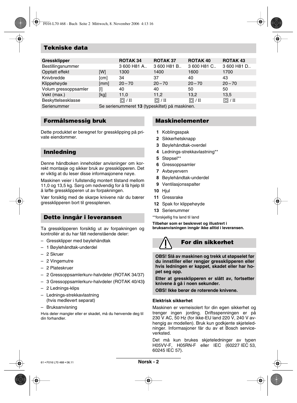 Tekniske data | Bosch ROTAK 37 User Manual | Page 61 / 171