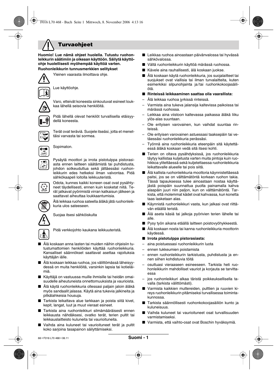 Turvaohjeet | Bosch ROTAK 37 User Manual | Page 66 / 171