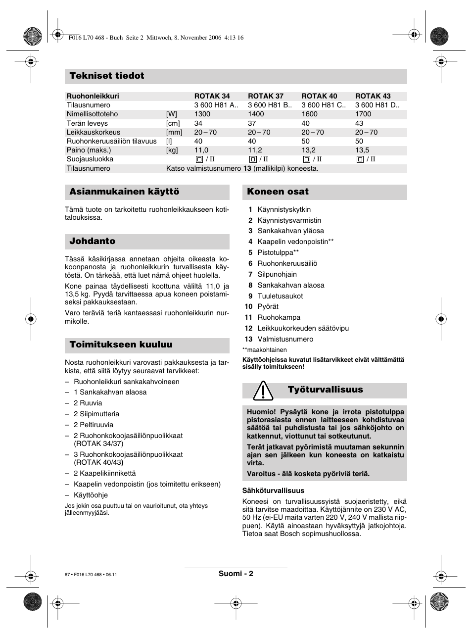 Tekniset tiedot | Bosch ROTAK 37 User Manual | Page 67 / 171