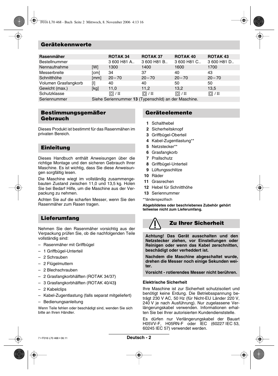 Gerätekennwerte | Bosch ROTAK 37 User Manual | Page 7 / 171