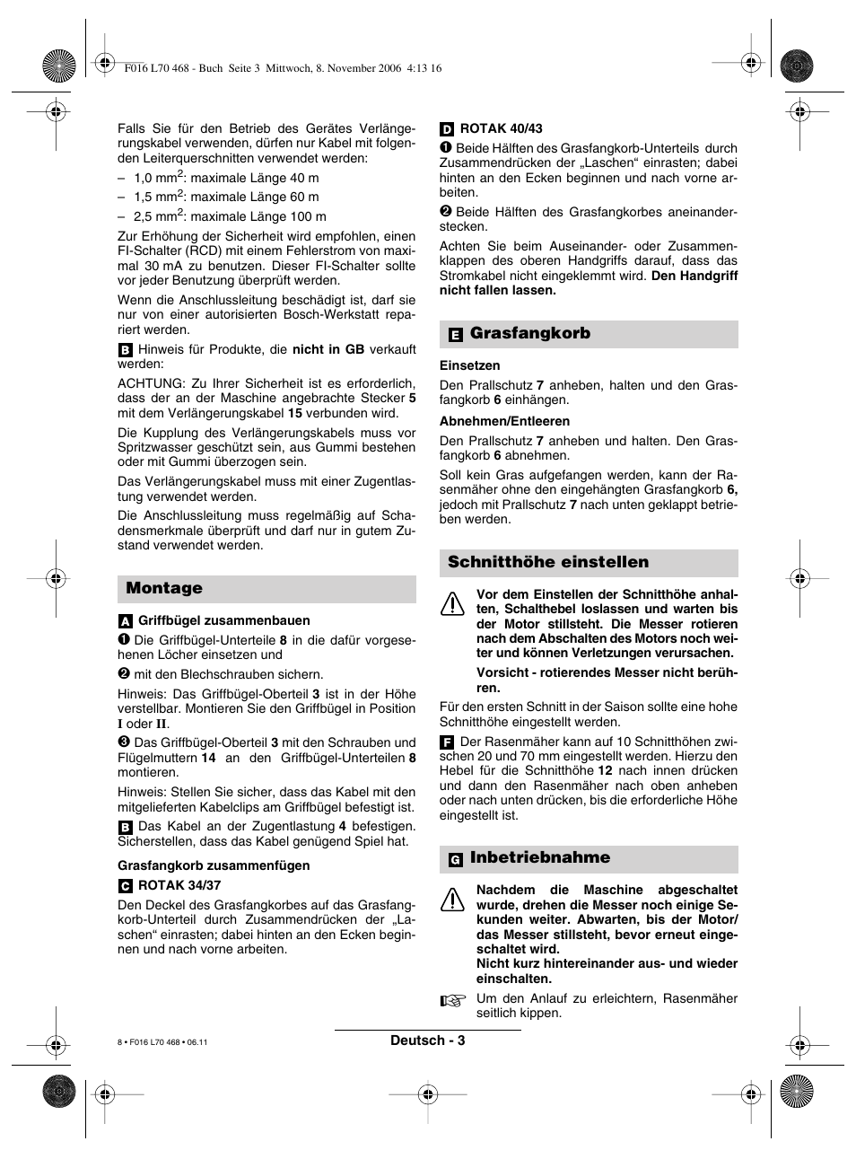 Montage, Grasfangkorb schnitthöhe einstellen inbetriebnahme | Bosch ROTAK 37 User Manual | Page 8 / 171