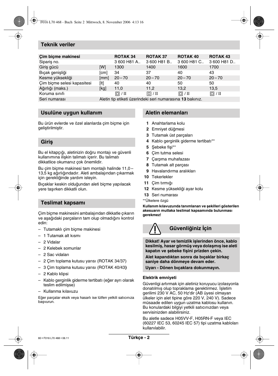 Teknik veriler | Bosch ROTAK 37 User Manual | Page 80 / 171