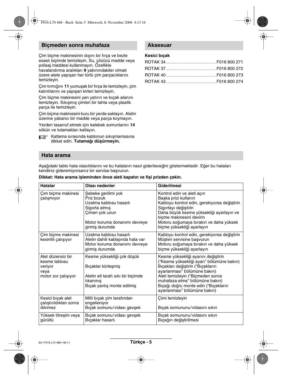 Biçmeden sonra muhafaza aksesuar hata arama | Bosch ROTAK 37 User Manual | Page 83 / 171