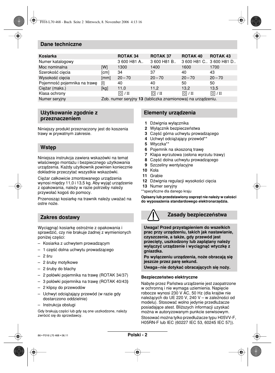 Dane techniczne | Bosch ROTAK 37 User Manual | Page 86 / 171