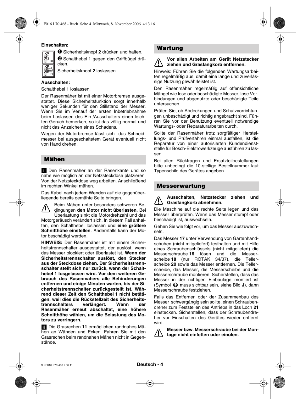 Mähen, Wartung messerwartung | Bosch ROTAK 37 User Manual | Page 9 / 171