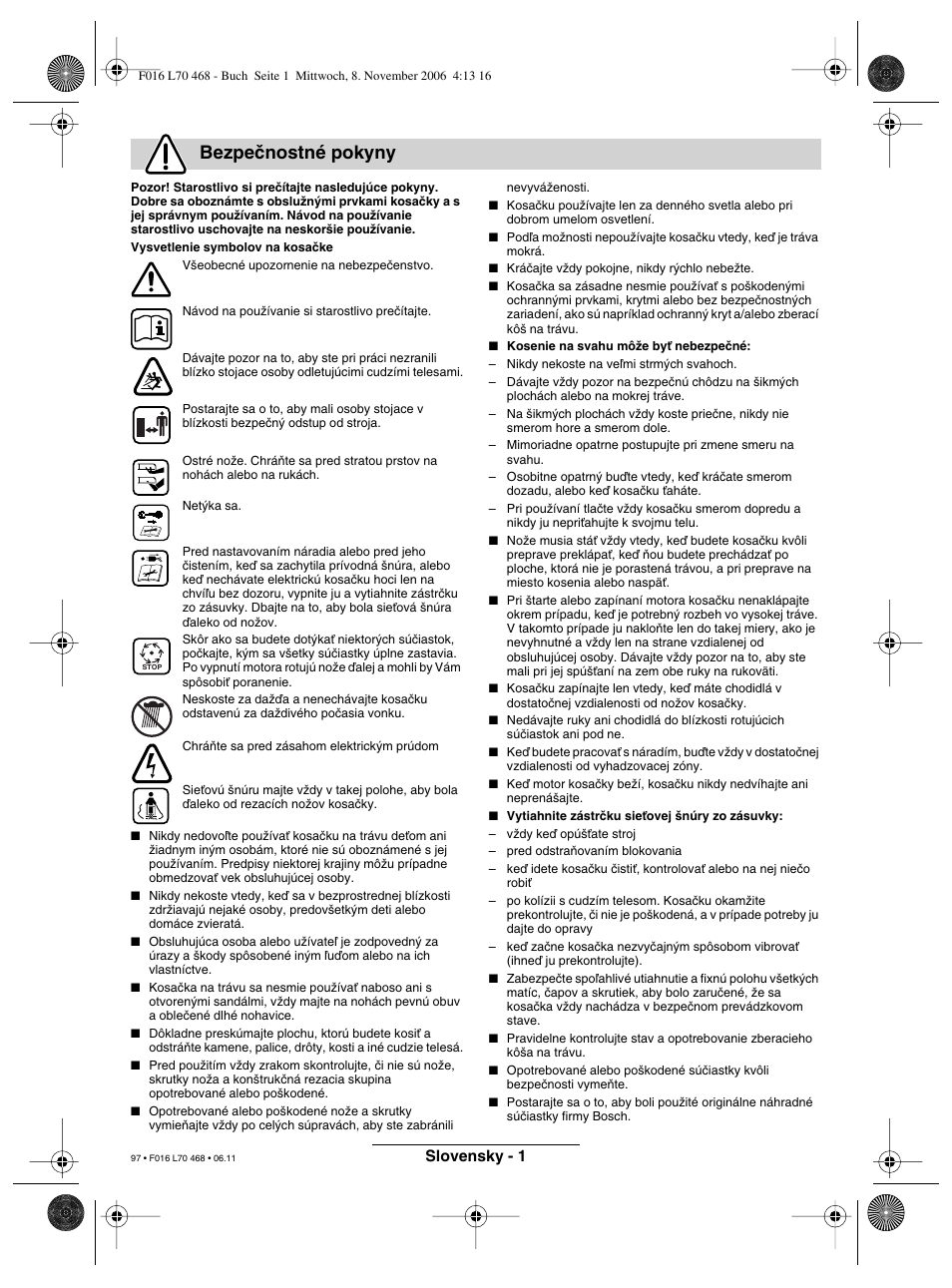 Bezpeãnostné pokyny | Bosch ROTAK 37 User Manual | Page 97 / 171