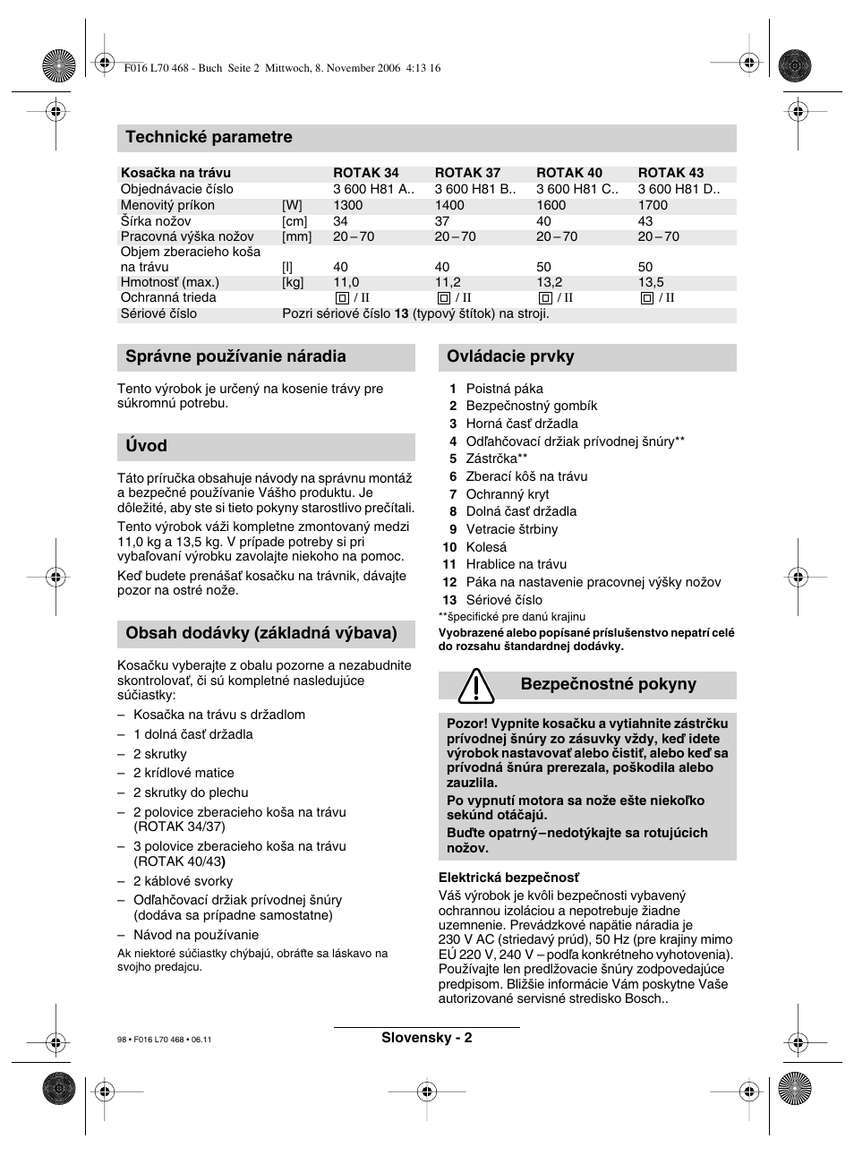 Technické parametre | Bosch ROTAK 37 User Manual | Page 98 / 171