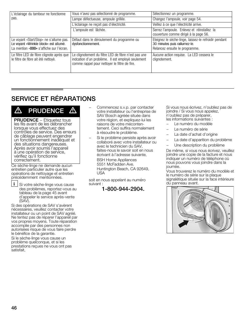 Service et réparations, Prudence | Bosch WTMC6321US User Manual | Page 46 / 72