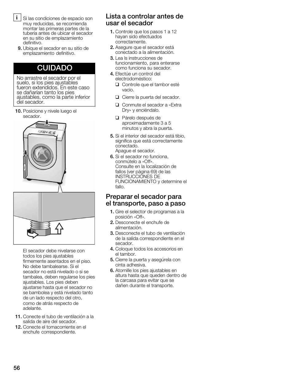 Cuidado, Lista a controlar antes de usar el secador | Bosch WTMC6321US User Manual | Page 56 / 72